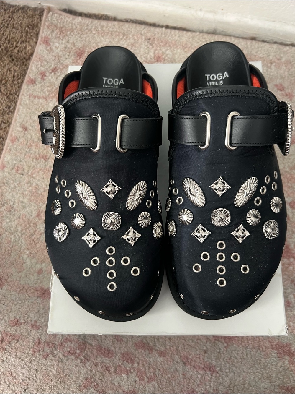 TOGA Pulla Black Studded Leather Clogs with Silver Hardware
